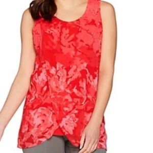 Halston Red Floral Print Sleeveless Tunic Top Chiffon Overlay Size M Tropical